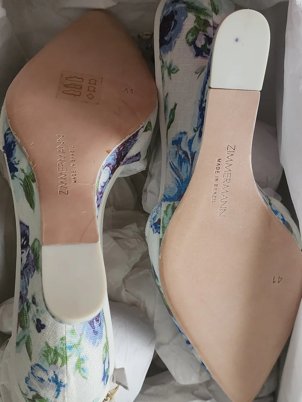 Zimmermann Floral Pointed Mules with Pearl Chain Ankle Straps - White/Blue/Green